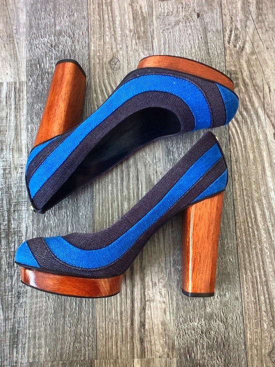 Tory Burch Shoes - Tory Burch Blue and Black Block-Heel Platform Pumps with Wood-Tone Heel